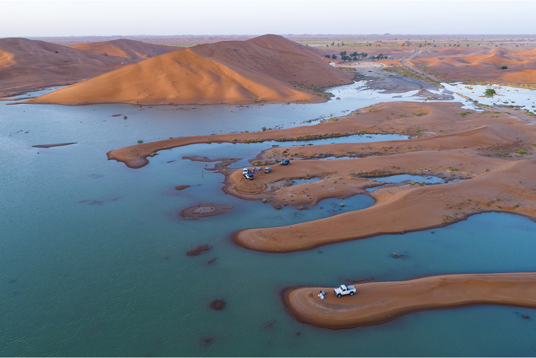 During the rain season, a lake is created in Ramlat Al Safa