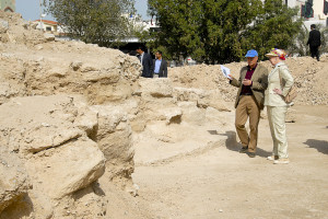 Her Magesty Margrethe Queen of Denmark with Dr. Flemming Hoejlund from Moesgaard Museum during the Queen's visit to the burial mounds in Bahrain in 2011s